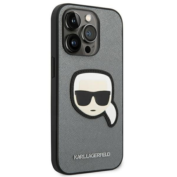 Karl Lagerfeld Case for iPhone 14 Pro Max, Saffiano Karl's Head Patch, silver