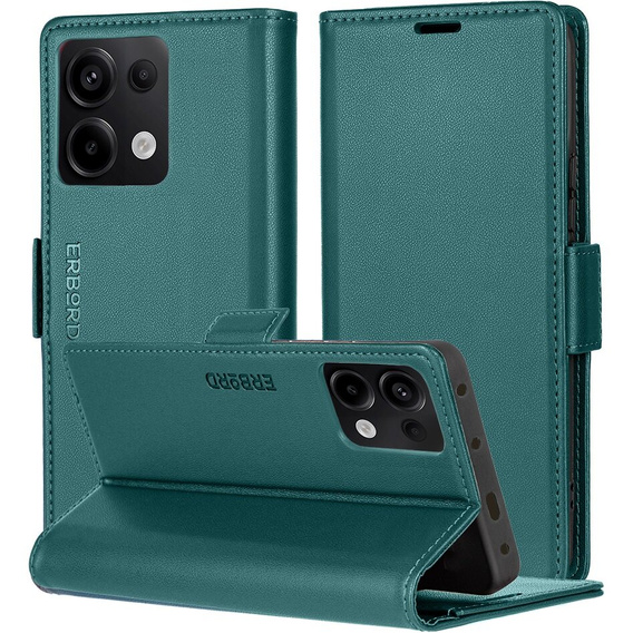 Case for Xiaomi Redmi Note 13 Pro 4G / Xiaomi Redmi Note 14S / Xiaomi Poco M6 Pro 4G, ERBORD Glossy Litchi, wallet with flap, green
