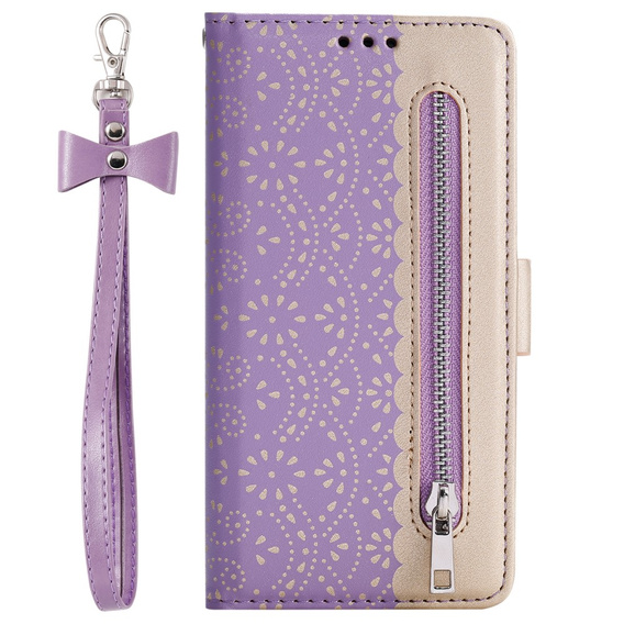 Flip case for Samsung Galaxy S22+ Plus 5G, Wallet Pocket Zipper Lace, purple
