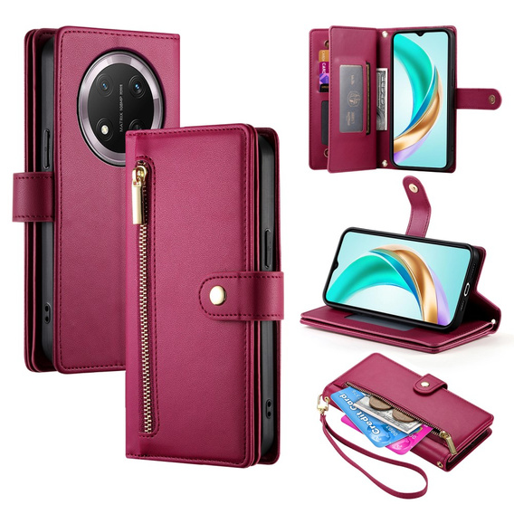 Flip case for Honor Magic 7 Lite, Wallet Zipper Pocket, red