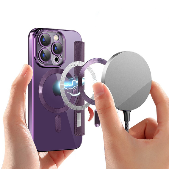 Flip case for iPhone 15 Pro, RFID Wallet MagSafe CamShield, purple