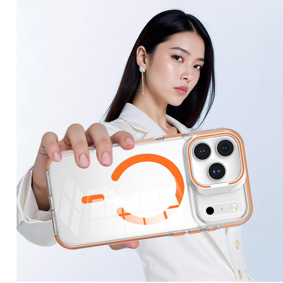 Case for iPhone 17 Pro, for MagSafe, with stand, transparent with orange inserts