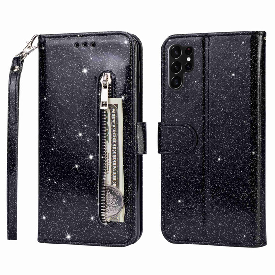 Flip case for Samsung Galaxy S24 Ultra, Wallet Zipper Pocket Glittery, black