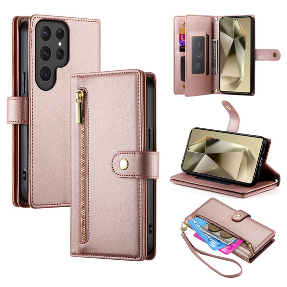 Flip case for Samsung Galaxy S25 Ultra, Wallet Zipper Pocket, pink