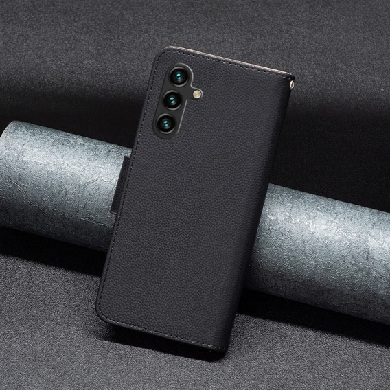 Flip case for Samsung Galaxy A15, Wallet Litchi Leather, black + 9H glass