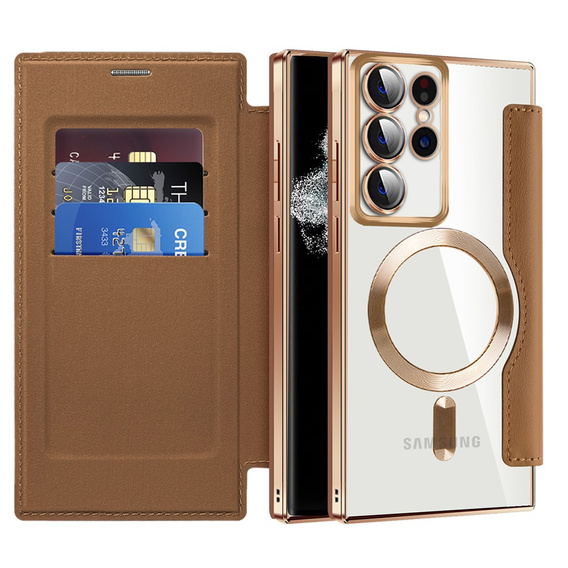 Flip case for Samsung Galaxy S22 Ultra 5G, RFID Wallet MagSafe CamShield, brown