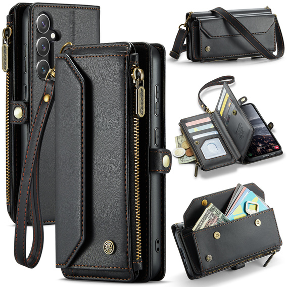 Case CASEME for Samsung Galaxy S25 FE, RFID Leather Wallet, with shoulder strap, black