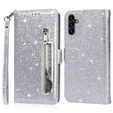 Flip case for Samsung Galaxy A56 5G, Wallet Zipper Pocket Glittery, silver
