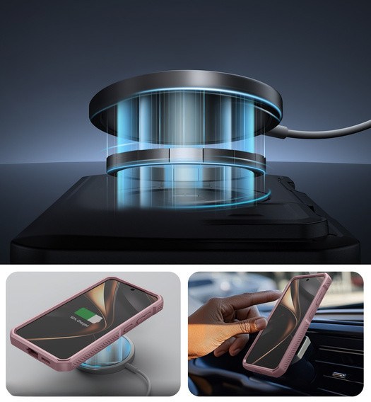Armored case for Samsung Galaxy S25, Dexnor CamProtect MagSafe, pink (Two frames)