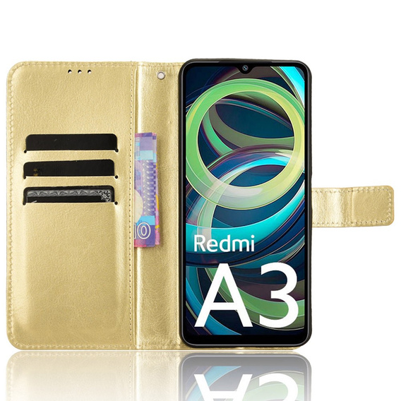 Flip case for Xiaomi Redmi A3, Crazy Horse Wallet, gold