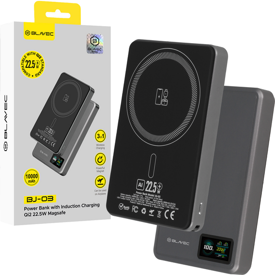 Blavec Power Bank 10000mAh BJ-03 Slim 13.5mm - Type C - 22.5W, MagSafe 3in1 - grey