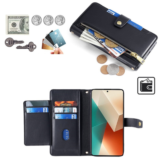 Flip case for Xiaomi Redmi Note 13 5G, Wallet Zipper Pocket, black