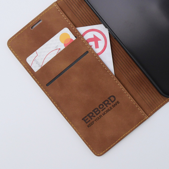 Case for iPhone 15, ERBORD Vintage, wallet with flap, brown