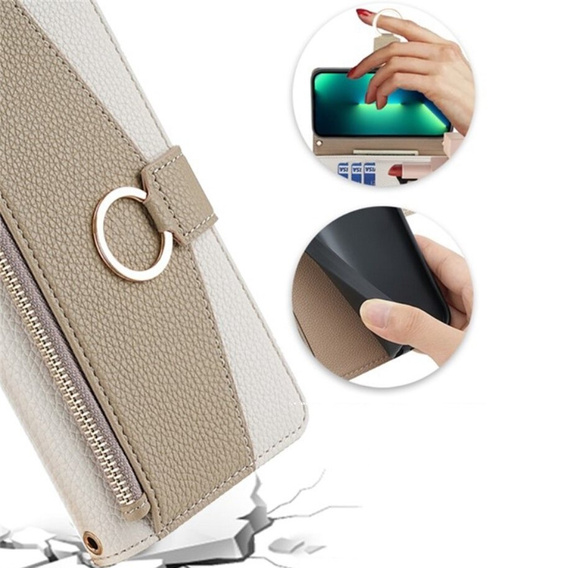 Flip case for Samsung Galaxy S22, Wallet Zipper Pocket, with mirror, white