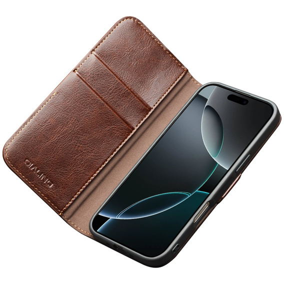 QIALINO Genuine Cow Leather flip case for iPhone 17 Pro Max, brown