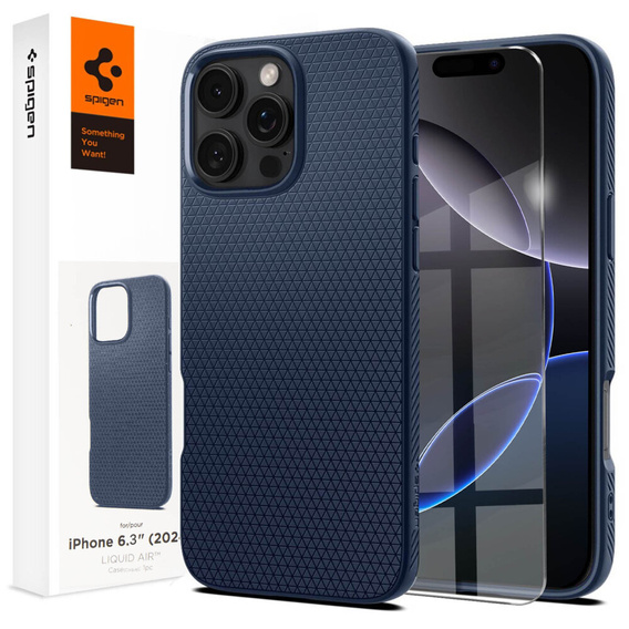 Spigen case for iPhone 16 Pro, Liquid Air, dark blue + 9H Tempered Glass