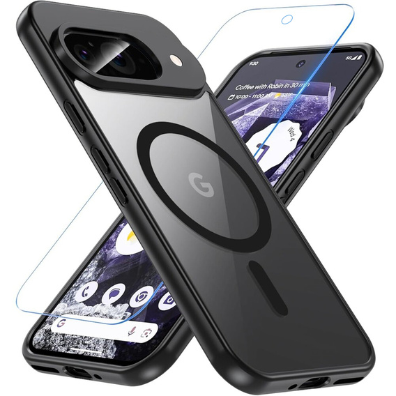 Case for Google Pixel 9, for MagSafe, ERBORD Matt Case, black + Screen Glass