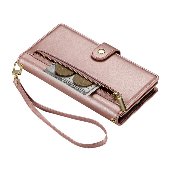 Flip case for iPhone 16 Plus, Wallet Zipper Pocket, pink