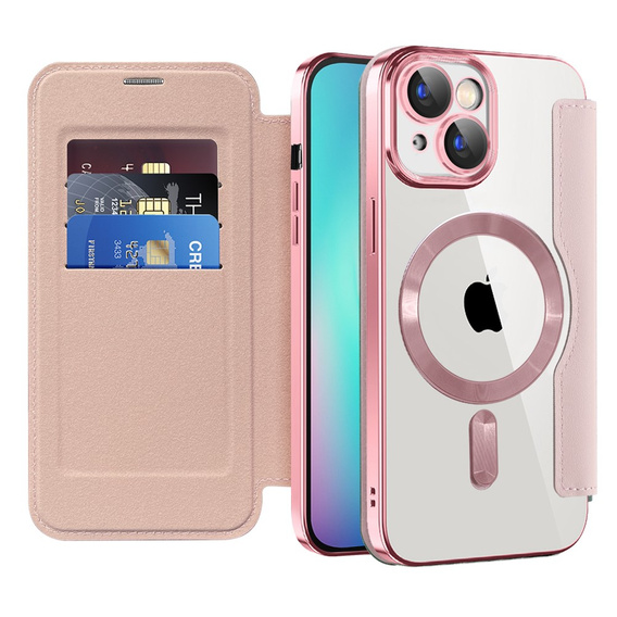 Flip case for iPhone 15, RFID Wallet MagSafe CamShield, pink