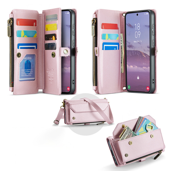 Case CASEME for Samsung Galaxy S25 FE, RFID Leather Wallet, with shoulder strap, pink