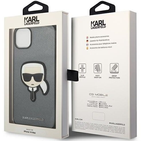 Karl Lagerfeld Case for iPhone 14, Saffiano Karl's Head Patch, silver