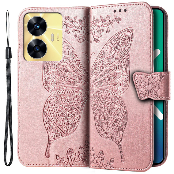 Flip case for Realme C55, Butterfly, pink rose gold