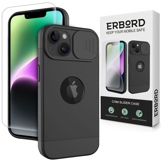 ERBORD MagSafe Cam Slider Case, Black + Screen Protector for iPhone 13 / iPhone 14