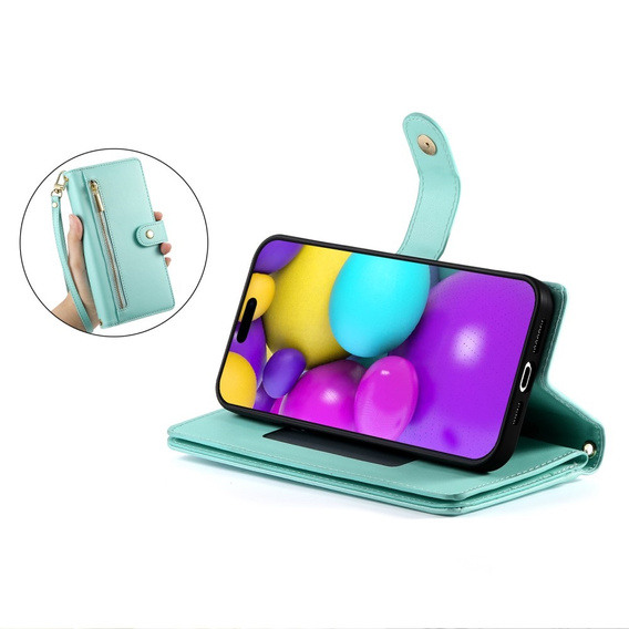 Flip case for iPhone 16 Plus, Wallet Zipper Pocket, green