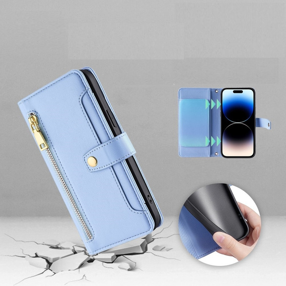 Flip case for iPhone 14 Pro, Wallet Zipper Pocket, blue