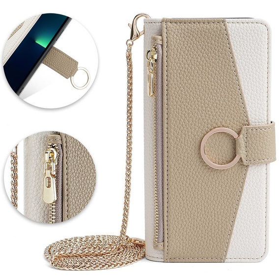 Flip case for iPhone 15 Pro Max, Wallet Zipper Pocket, with mirror, white