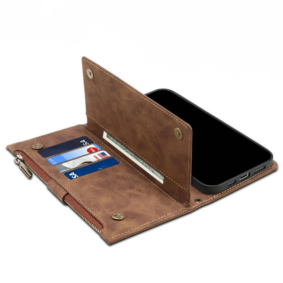 Flip case for Honor Magic 6 Lite 5G, Wallet Zipper Pocket, brown
