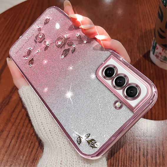 Case for Samsung Galaxy S21 FE, Glitter Flower, pink rose gold