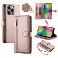Flip case for iPhone 16 Pro, Wallet Zipper Pocket, pink