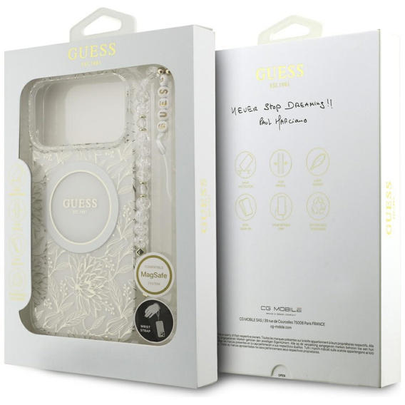 Guess IML Flowers Electroplated Allover With Beads Strap Case, for MagSafe, with strap for iPhone 17 Pro Max
