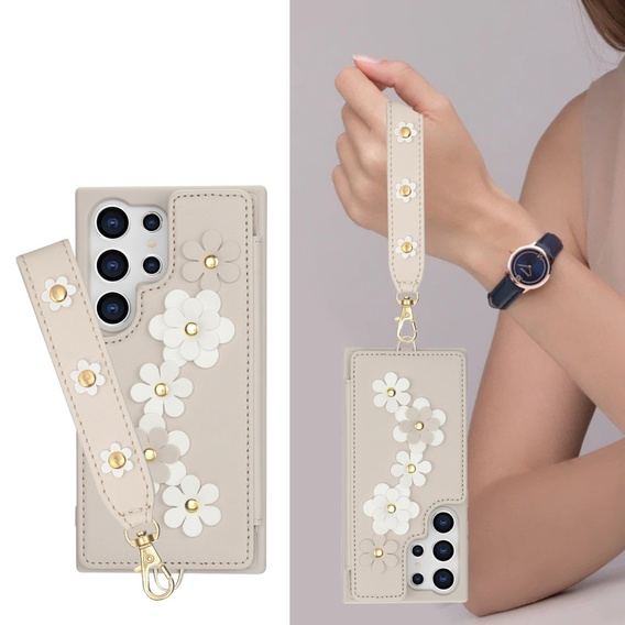 Case for Samsung Galaxy S24 Ultra, Leather Flower Card Slot, beige
