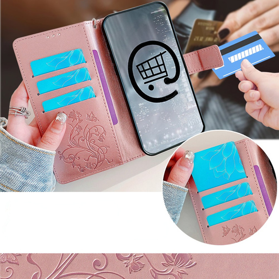 Flip case for Motorola Moto E14, Butterfly, pink rose gold