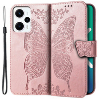 Flip case for Xiaomi Poco F5, Butterfly, pink rose gold
