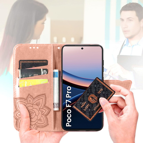 Flip case for Xiaomi Poco F7 Pro, Butterfly, pink rose gold