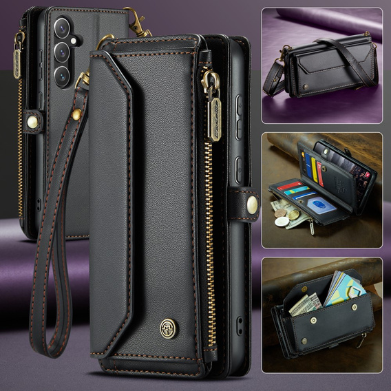 Case CASEME for Samsung Galaxy S24 FE, RFID Leather Wallet, with shoulder strap, black