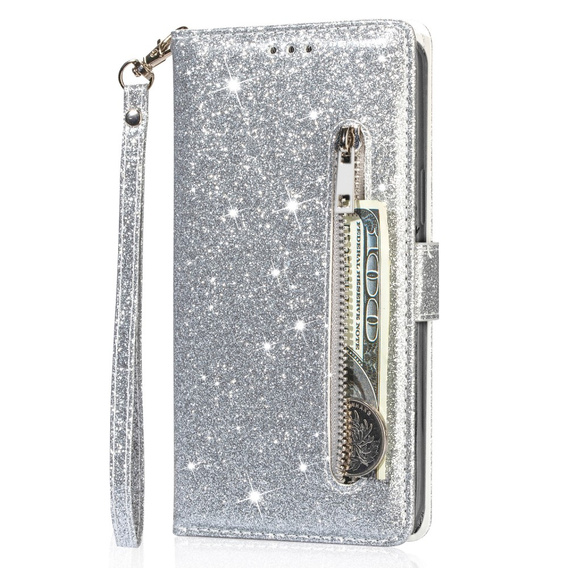 Flip case for Samsung Galaxy A35 5G, Wallet Zipper Pocket Glittery, silver