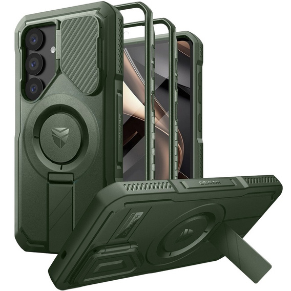Armored case for Samsung Galaxy S25, Dexnor CamProtect MagSafe, green (Two frames)