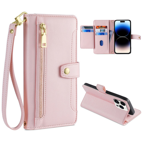 Flip case for iPhone 14 Pro Max, Wallet Zipper Pocket, pink