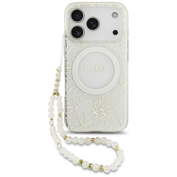 Guess IML Flowers Electroplated Allover With Beads Strap Case, for MagSafe, with strap for iPhone 17 Pro