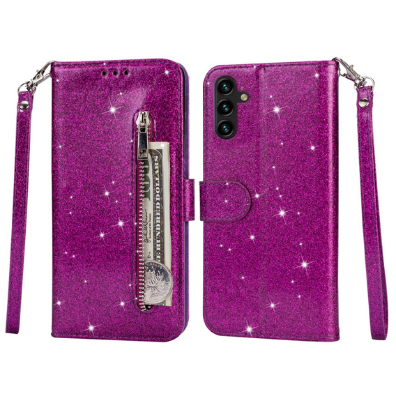 Flip case for Samsung Galaxy A55, Wallet Zipper Pocket Glittery, purple