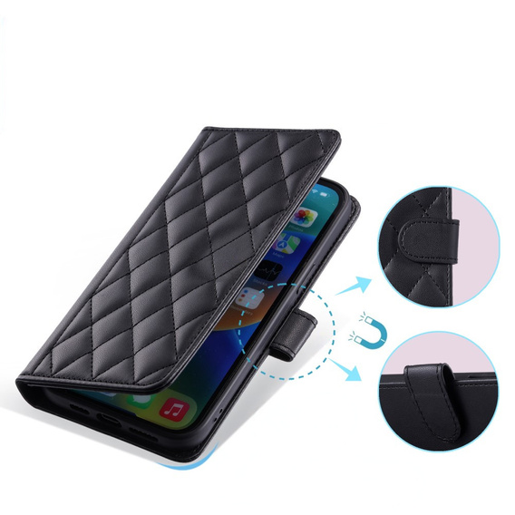 Flip case for Xiaomi Redmi Note 13 Pro 4G / Xiaomi Redmi Note 14S / Xiaomi Poco M6 Pro 4G, Rhombus Crossbody Leather, black