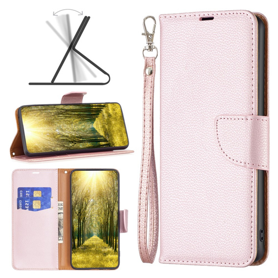 Flip case for Samsung Galaxy A25 5G, Wallet Litchi Leather, pink + 9H glass