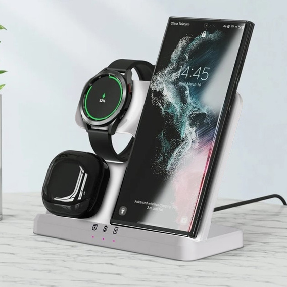 3-in-1 QI Fast Wireless Charger for Samsung S25 S24 S23 Galaxy Watch Buds Station, White