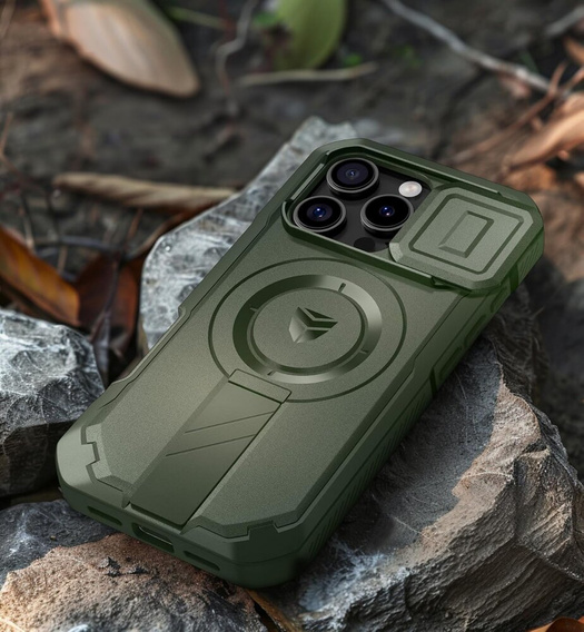 Armored case for iPhone 16 Pro, Dexnor CamProtect MagSafe, green (Two frames)