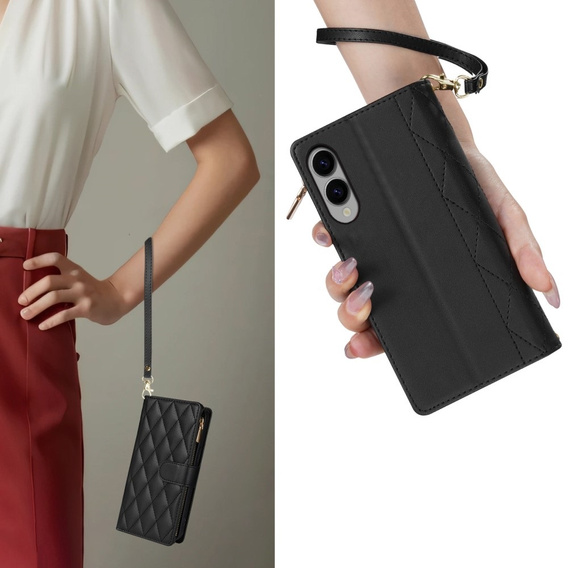 Flip case for Samsung Galaxy S25 Edge, Rhombus Crossbody Leather, black