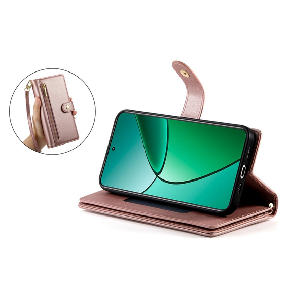 Flip case for Realme 14 Pro 5G, Wallet Zipper Pocket, pink